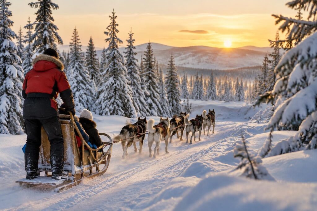 partez en chien de traîneau en laponie et vivez une aventure inoubliable au cœur de l’hiver, entre paysages enneigés, forêts boréales et grands espaces.