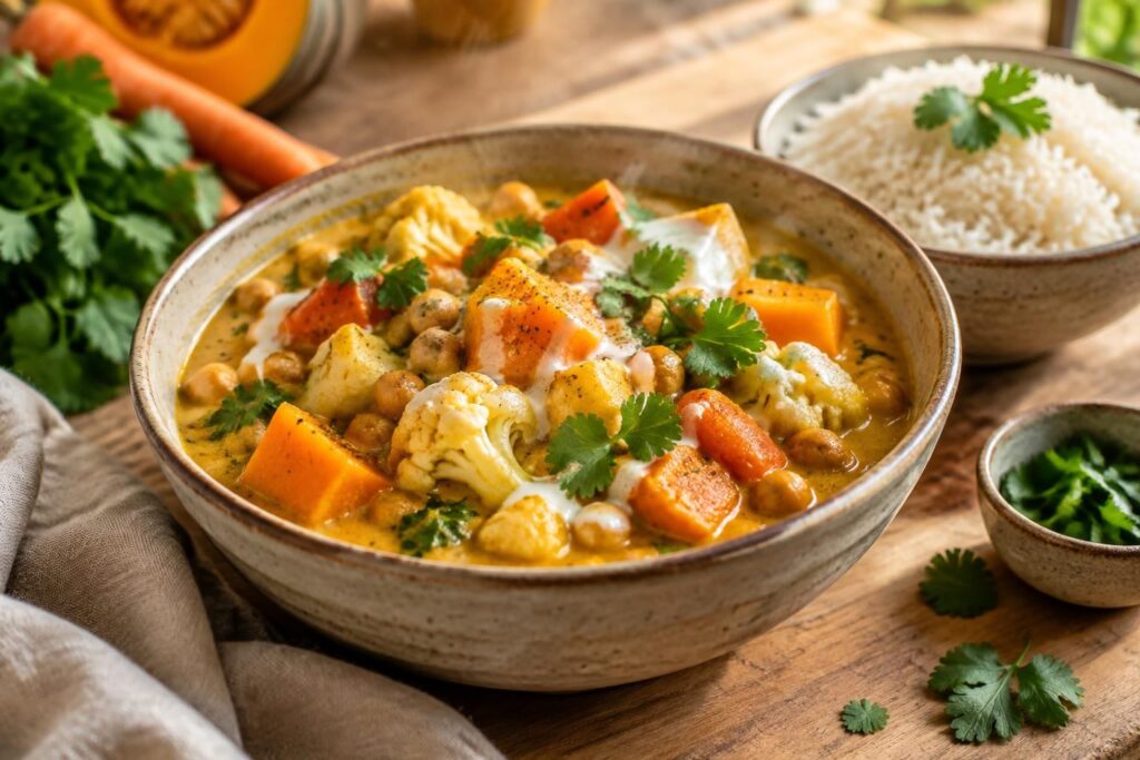 savourez un curry de légumes de saison au lait de coco : une recette douce, parfumée et réconfortante, idéale pour un repas gourmand.