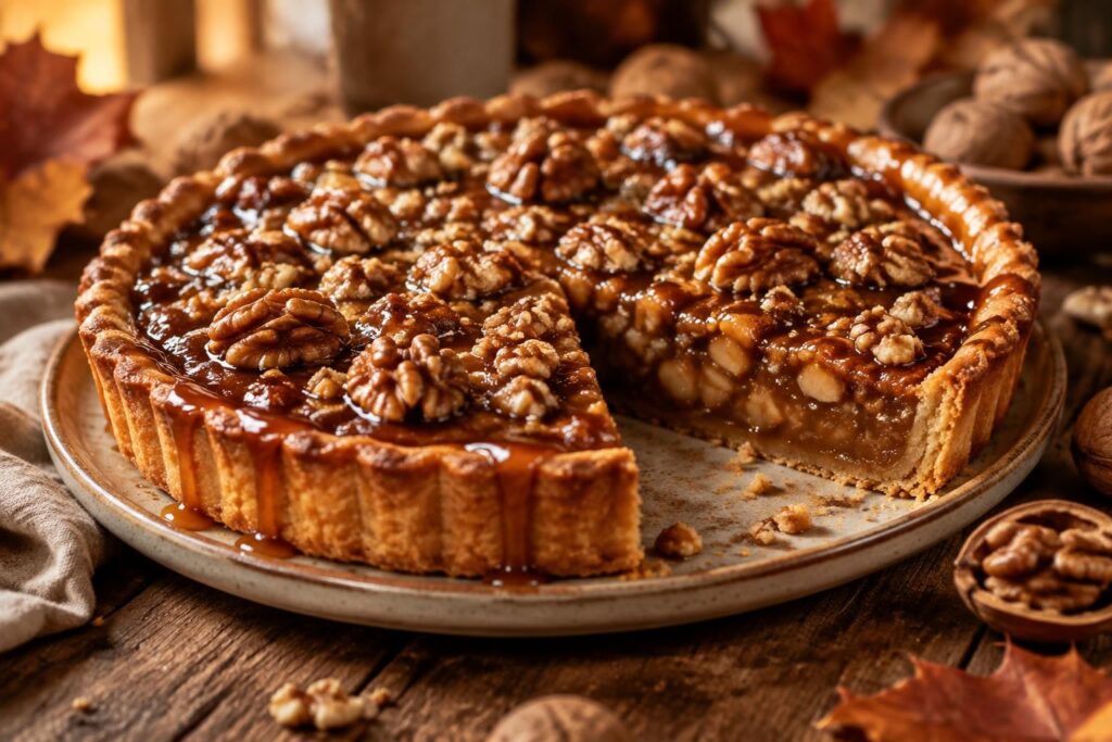 savourez une tarte aux noix au caramel, croustillante et fondante, parfaite pour retrouver toute la douceur des goûters d’automne.